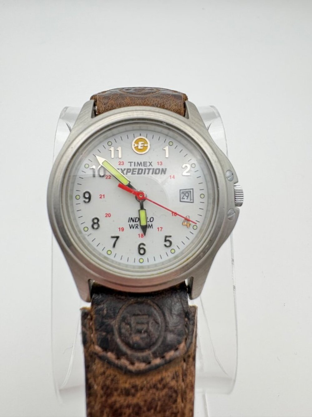 Timex Expedition Indiglo Mens Watch White Dial Leather Strap WR 50M Date Working